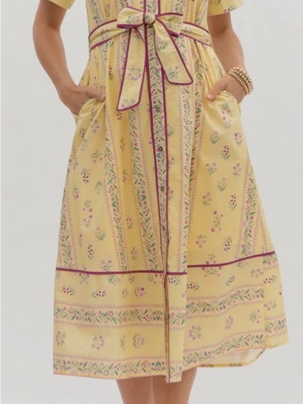 entro Pale Yellow Floral Midi Dress with Pink Trim - Picture 9 of 10
